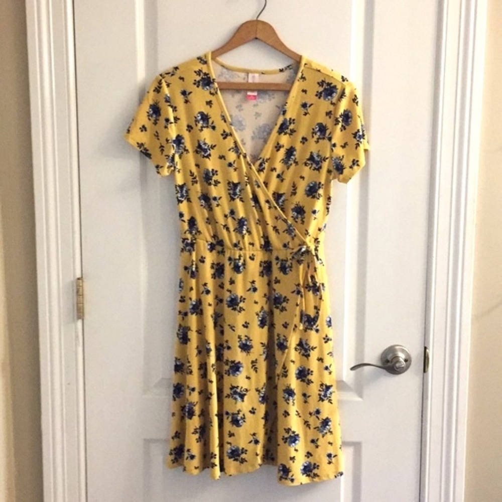 Yellow Floral Faux Wrap Dress Sundress